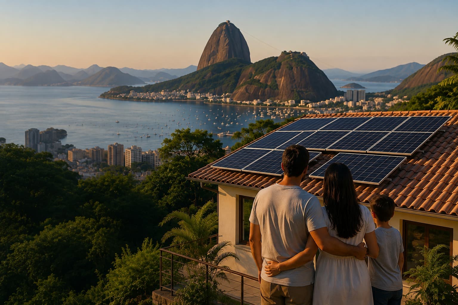 Família observando o Pão de Açúcar e a Baía de Guanabara do terraço de casa, com painéis solares instalados no telhado